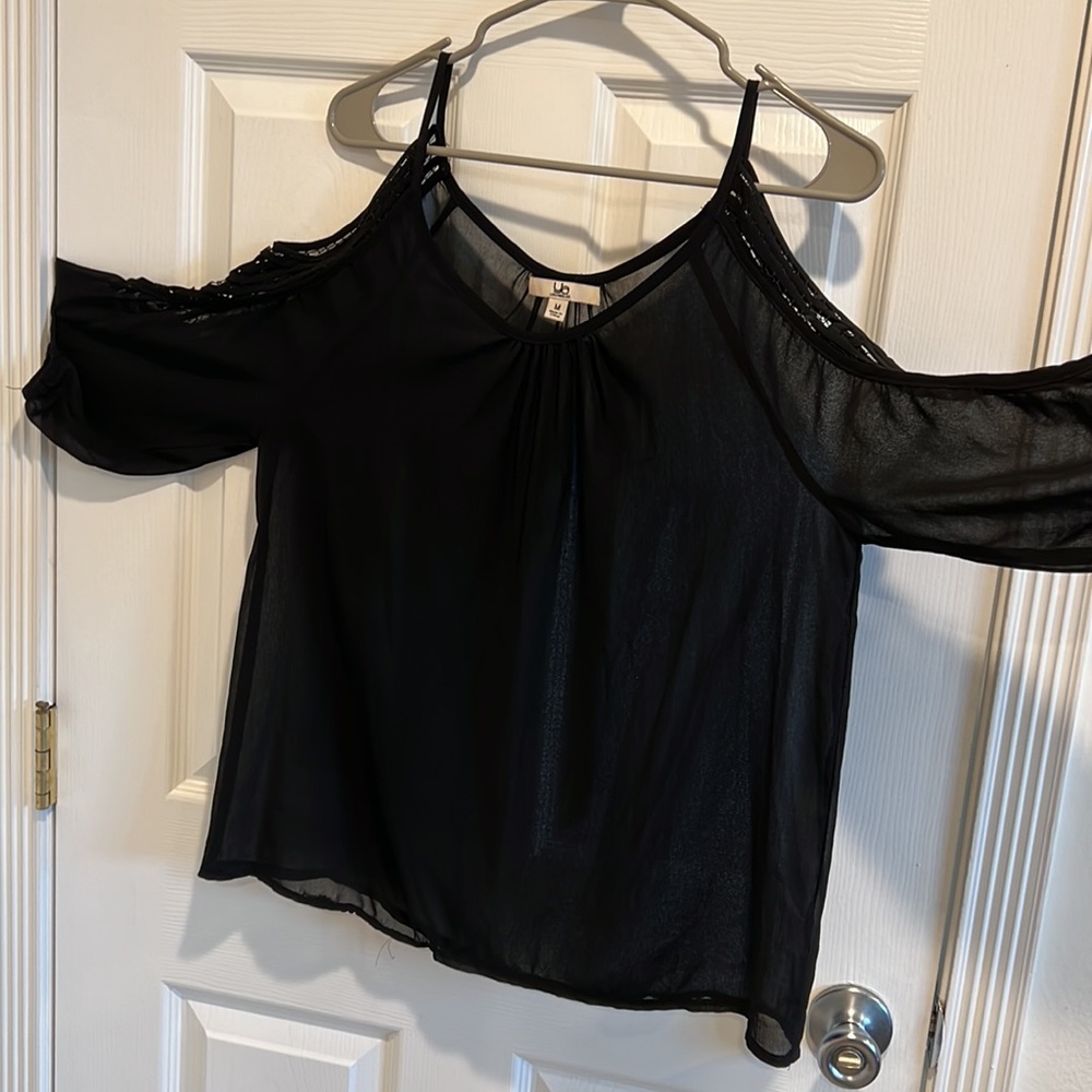 Ya Los Angeles Black Silk Cold Shoulder Open Weave Blouse